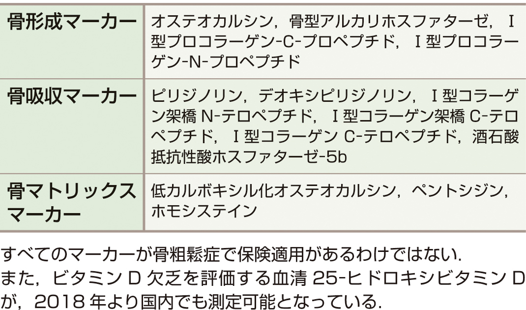 表1　骨代謝マーカーの分類と種類 (日本骨粗鬆症学会 骨代謝マーカー編集委員会編：骨粗鬆症診療における骨代謝マーカーの適正使用ガイド 2018年版，日本骨粗鬆症学会，2018より作成)． 