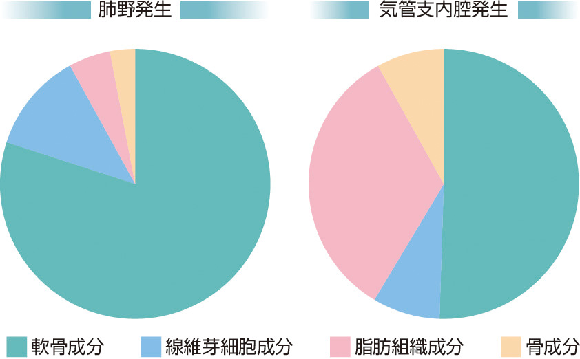 ⓔ図10-12-6　発生部位別にみた過誤腫の優位組織学的成分 (Corrin B, Nicholson AG: Pathology of the Lungs, 3rd ed, Churchill Livingstone, Elsevier, 2011より作成) 
