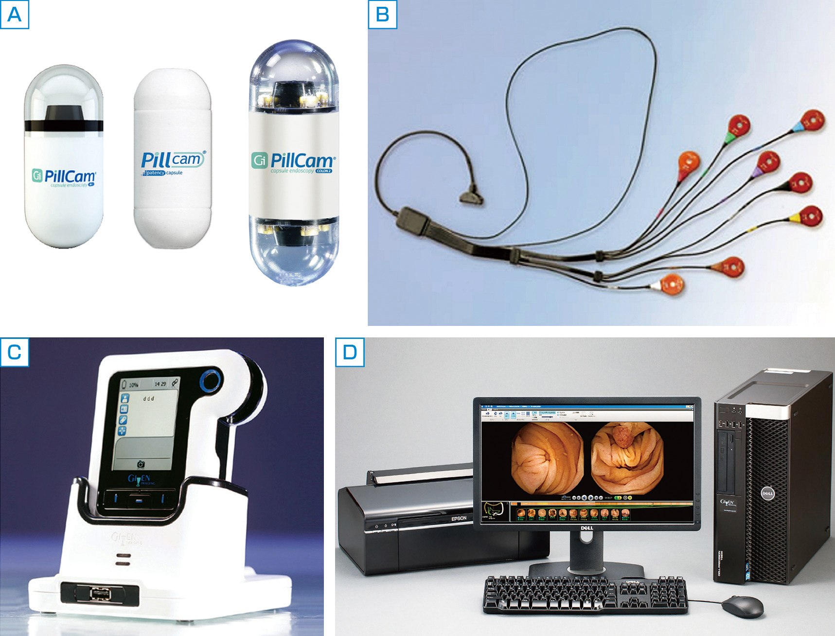 ⓔ図11-1-1　カプセル内視鏡システム (コヴィディエンジャパン社より提供，一部改変) A：左；小腸カプセル内視鏡PillCamTM SB3，中；消化管開通性評価用PillCamTM パテンシーカプセル，右；大腸カプセル内視鏡PillCamTM COLON2． B：小腸用のセンサアレイ． C：データレコーダ3 (小腸，大腸共用)． D：ワークステーションシステム (表示画像は大腸)．