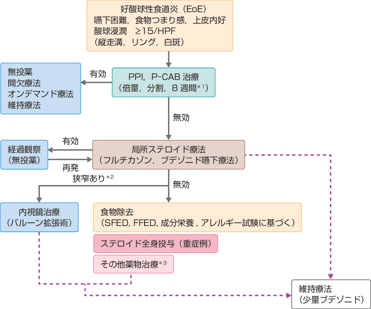 ⓔ図11-3-8　好酸球性食道炎の治療フローチャート ＊1：投与期間のコンセンサスは得られていない． ＊2：狭窄症例では拡張術が第一選択となる症例がある． ＊3：モンテルカスト，生物学的製剤．