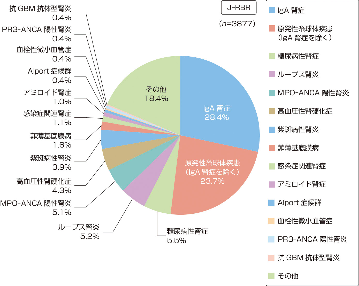 ⓔ図14-3-2　病因分類 (移植腎生検を除く登録件数割合) (J–RBR登録2017年：3877例) (日本腎臓学会：腎臓病総合レジストリー (J–RBR/J–KDR) 2017年次報告と経過報告．https://cdn.jsn.or.jp/news/180711_kp.pdfより作成) 原発性糸球体疾患は腎生検全体の約52％であり，そのおもな病因は，IgA腎症 (28.4％) および一次性疾患 (23.7％) である．