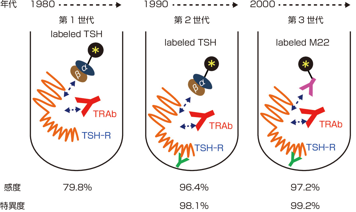 ⓔ図15-4-4　TRAb測定法の変遷と精度 TRAbの測定法は，世代ごとに感度・特異度が向上し，高い精度でBasedow病の診断に用いられる．