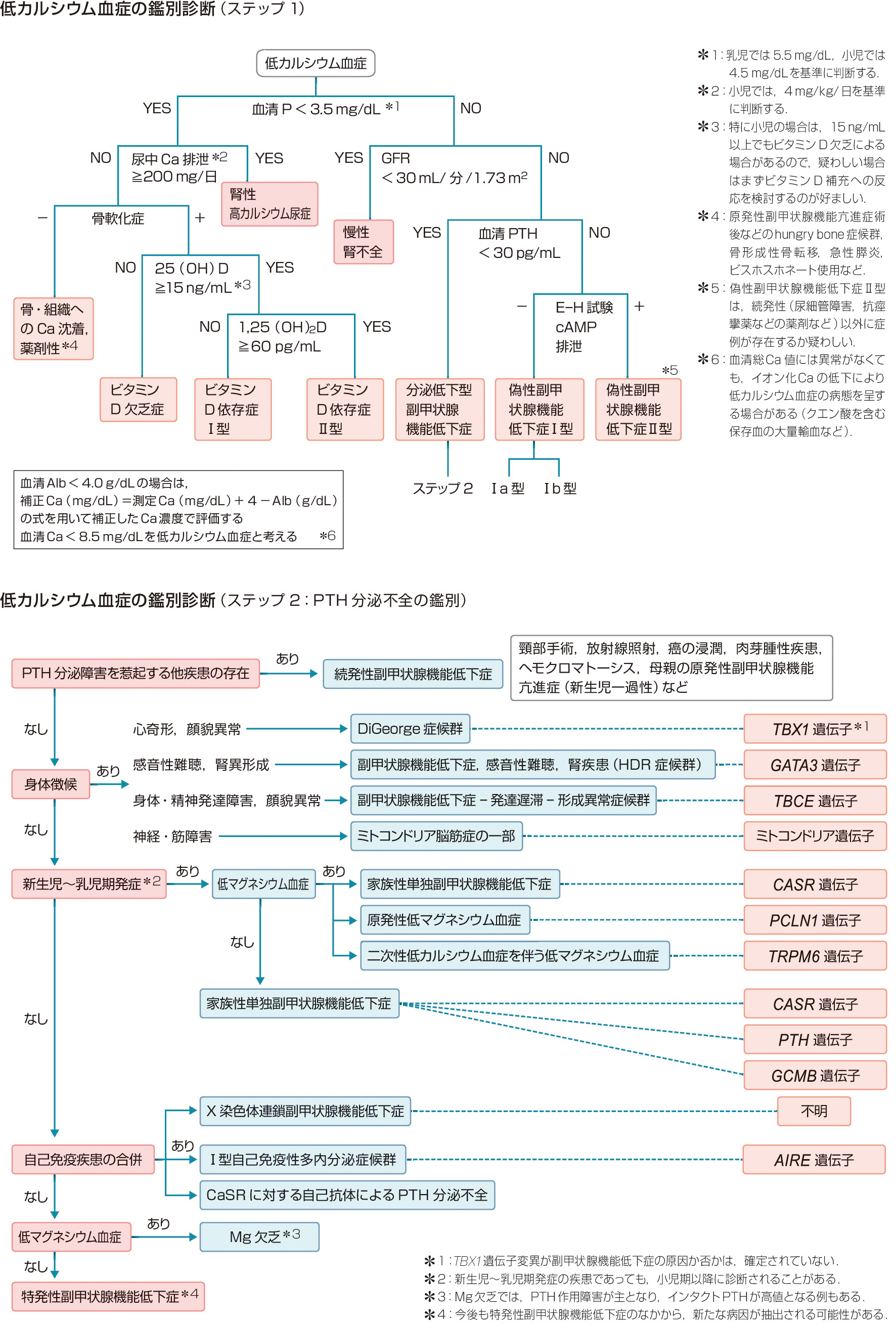 ⓔ図15-5-1　低カルシウム血症の鑑別診断 (厚労省ホルモン受容機構異常調査研究班　Fukumoto S, et al: Endocr J, 2008; 55: 787–794) 