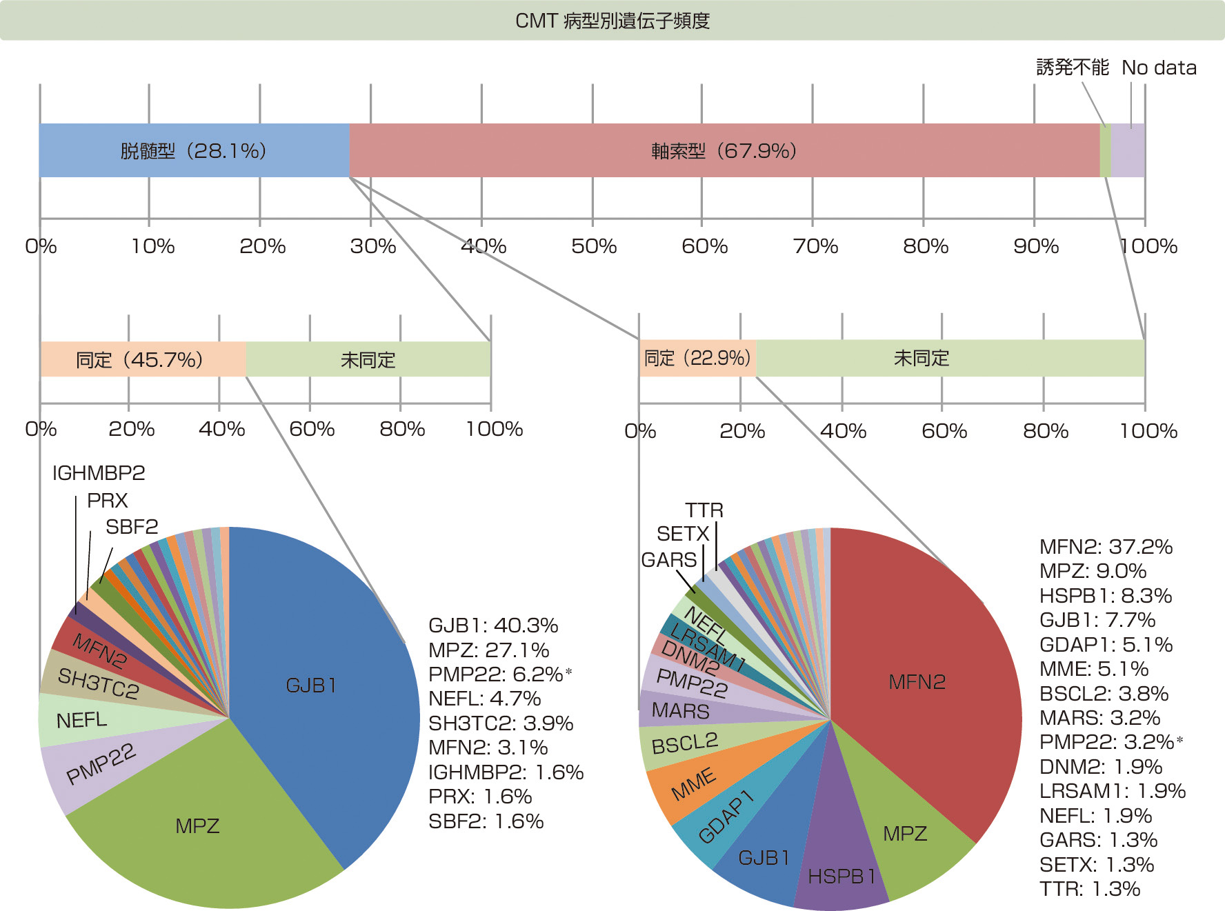 ⓔ図18-19-1　CMT1A以外のCMTのわが国の遺伝子頻度 (Yoshimura A, Yuan JH, et al: J Neurol Neurosurg Psychiatry, 2018; 90: 195–202より作成) 