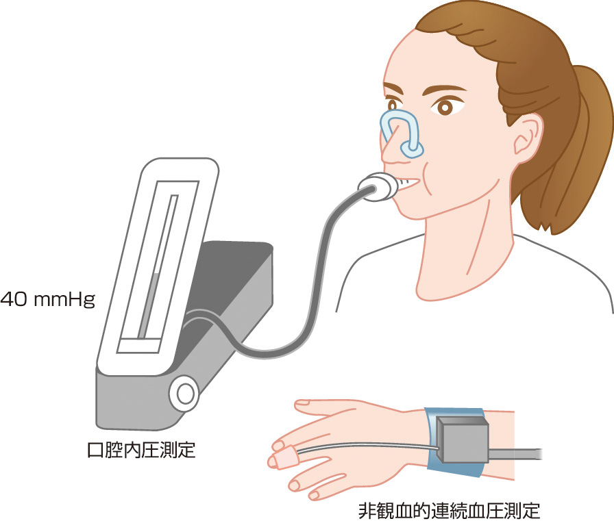 ⓔ図18-4-24　Valsalva手技 血圧計などを用いて口腔内圧を胸腔内圧の代用として測定する．被験者にマウスピースを口にくわえ，鼻を閉じ，息を吹き込み，胸腔内圧を10秒間40 mmHgに維持するように指示する．