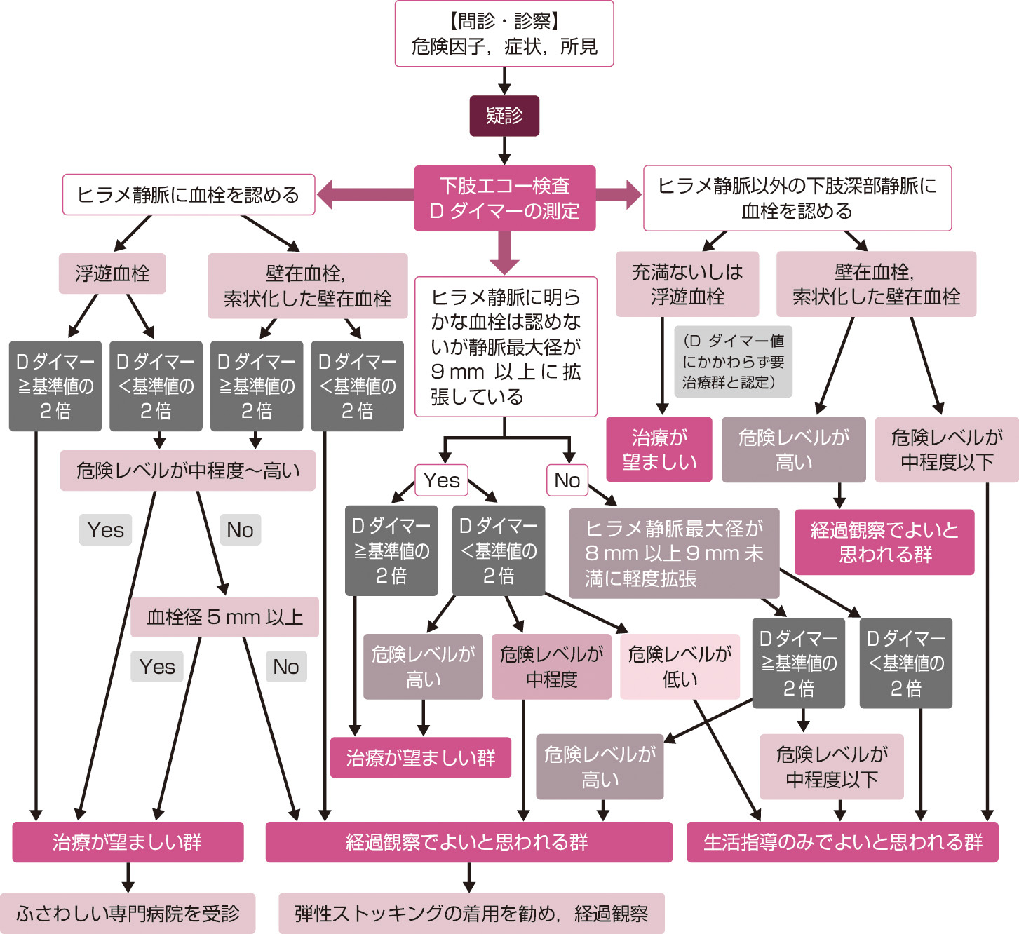 ⓔ図2-1-3　DVT/PEの診断・治療フローチャート (2014年版 災害時循環器疾患の予防・管理に関するガイドライン) 