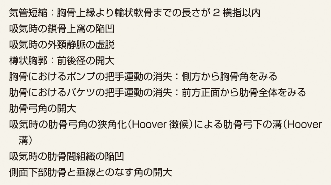 ⓔ表10-1-2　進行した慢性閉塞性肺疾患の視診所見 