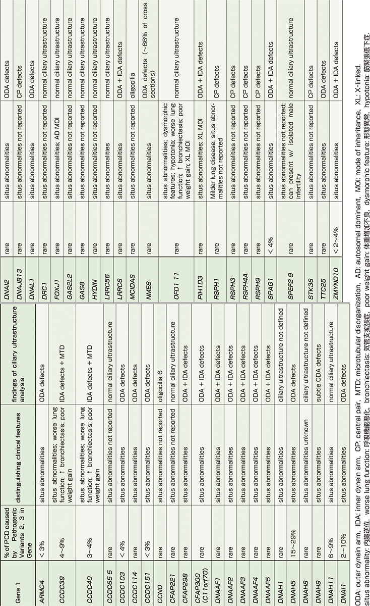 ⓔ表10-9-4　PCDの遺伝子変異と線毛の異常 