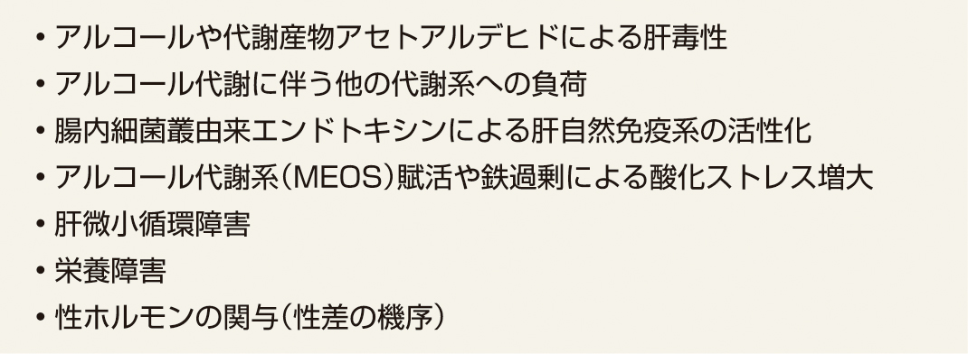 ⓔ表12-6-1　アルコール性肝障害の発症因子 