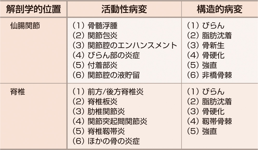 ⓔ表13-2-2　axSpAを疑わせるMRI所見 (Carvalho PD, Machado PM: Best Pract Res Clin Rheumatol, 2019; 33: 101427) 