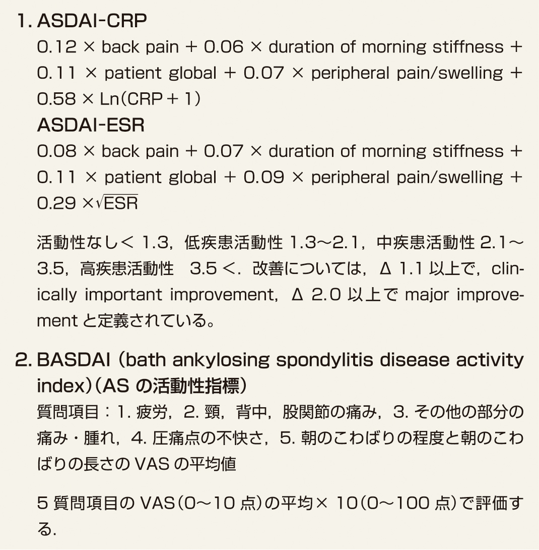 ⓔ表13-2-4　疾患活動性の評価指標 (van der Heijde D, Ramiro S, et al: Ann Rheum Dis. 2017; 76: 978–999) 