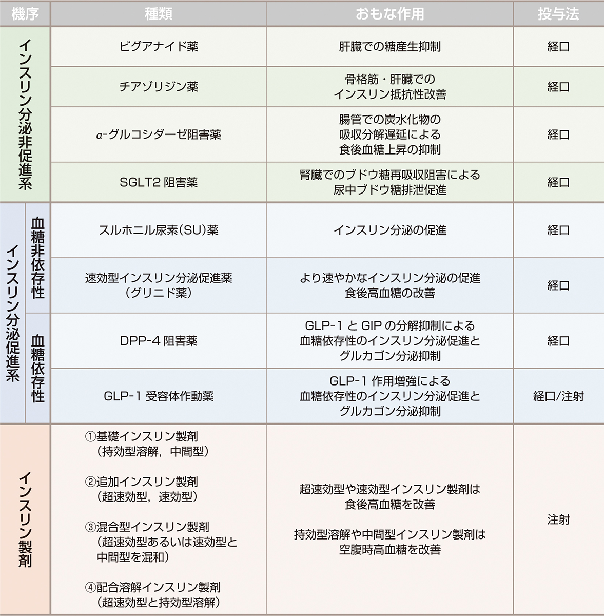 ⓔ表16-2-2　糖尿病治療薬の分類 