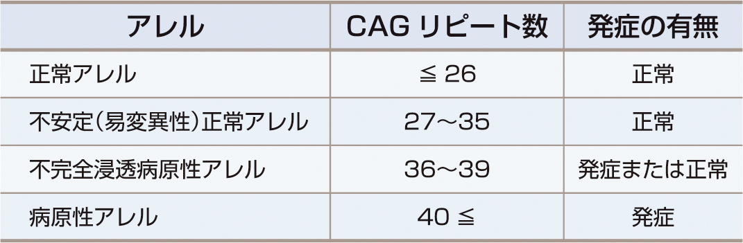 ⓔ表18-6-1　Huntington病遺伝子診断基準 (ACMG/ASHG statement: 1998; 62: 1243–1247) 