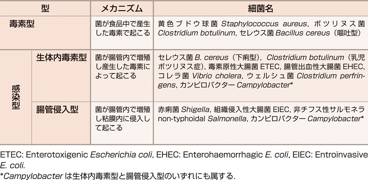 ⓔ表7-2-1　細菌性食中毒の病原機序による分類 