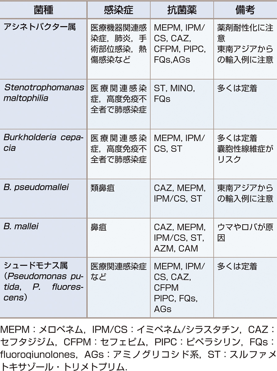 ⓔ表7-3-7　その他のブドウ糖非発酵性Gram陰性桿菌感染症の特徴 