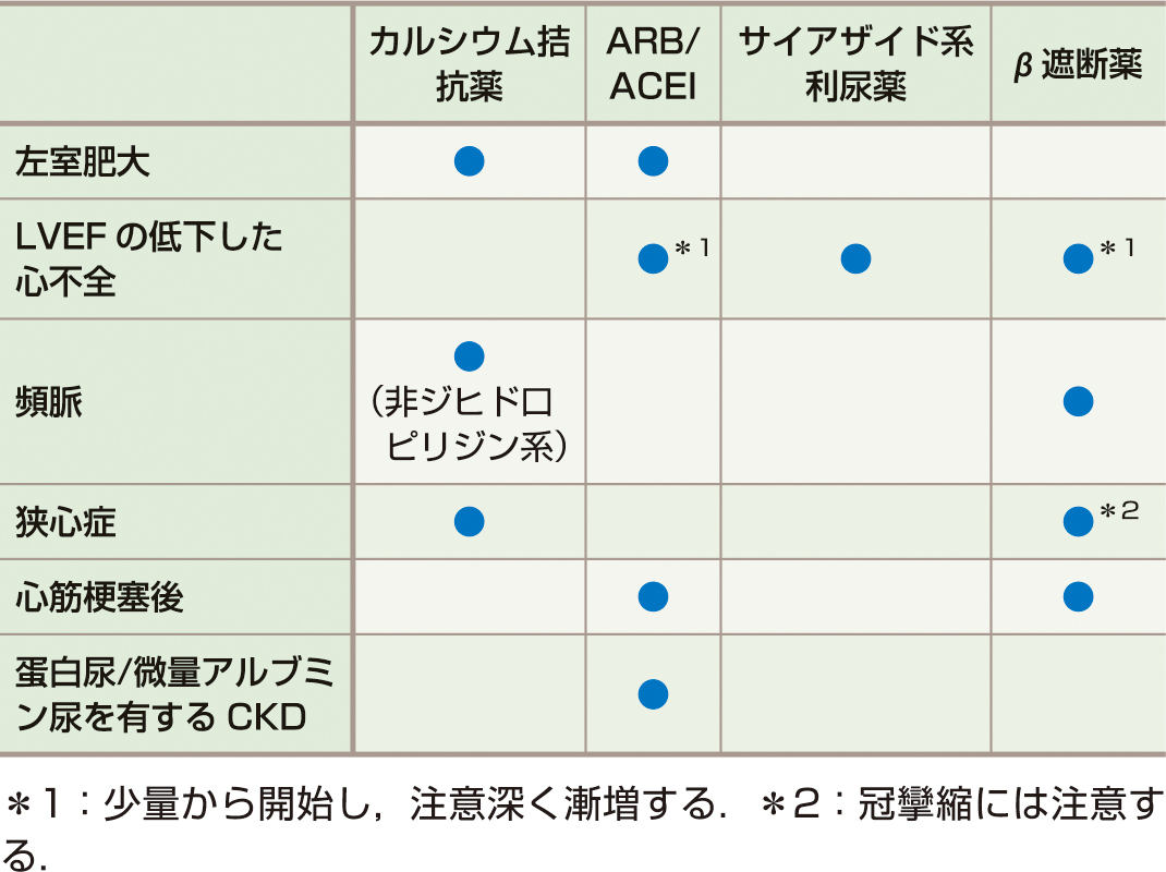 ⓔ表9-2-3　主要降圧薬の積極的適応 (JSH2019，日本高血圧学会より作成) 